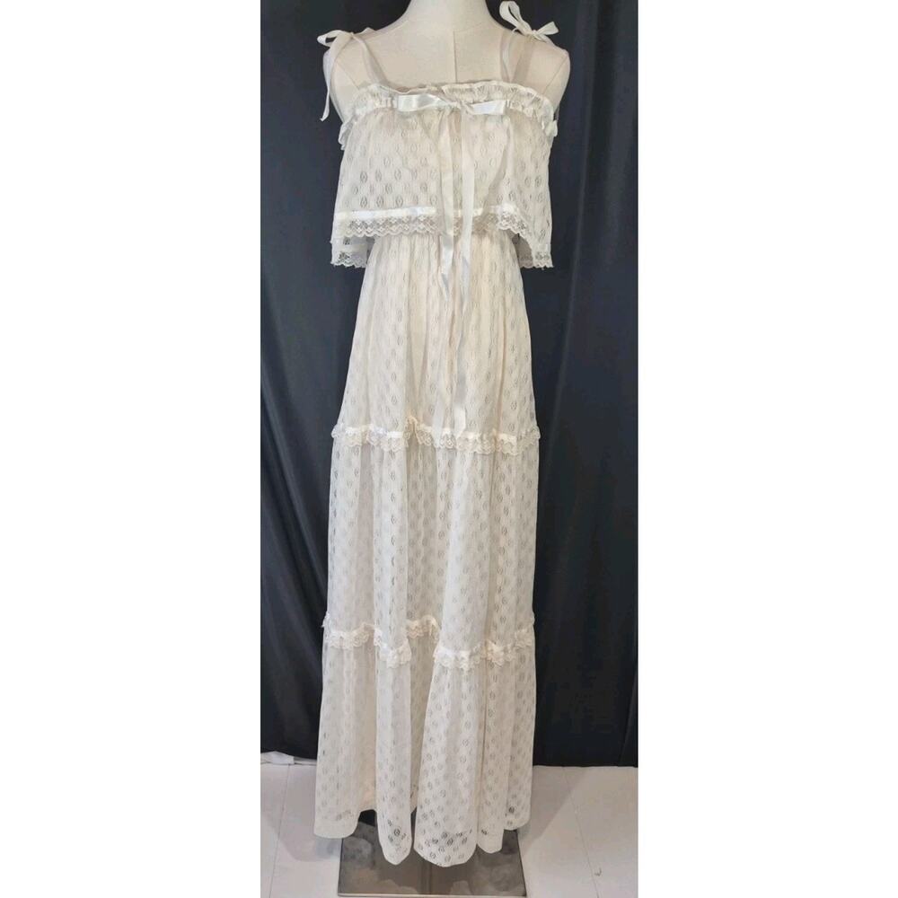 Vintage 70s Lace Jennifer Tafetta Ivory Maxi Dress Small